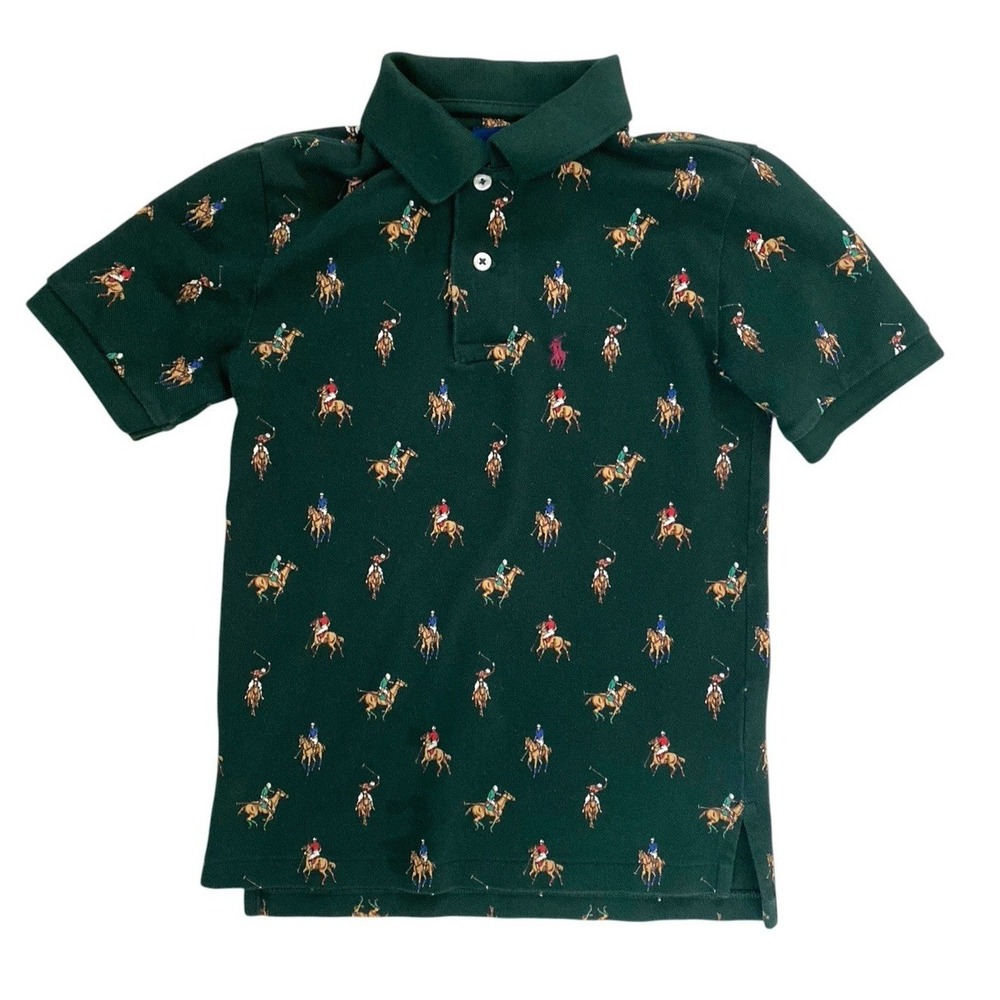 Polo Ralph Lauren Boys Equestrian All Over Pony Logo Green Polo Size 8 Preppy
